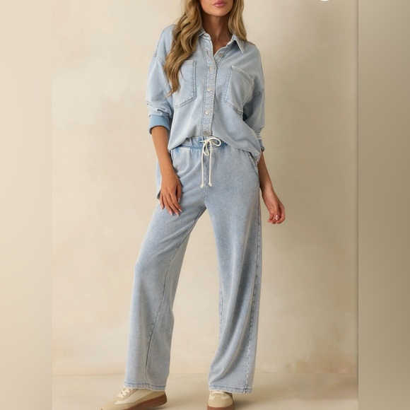 Z Supply Hunter Denim Cotton Knit Light Blue Wide Leg Pants with Drawstring SZ.M - Picture 7 of 7